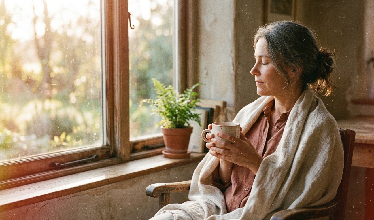 A woman holding a warm drink beside a sunlit window