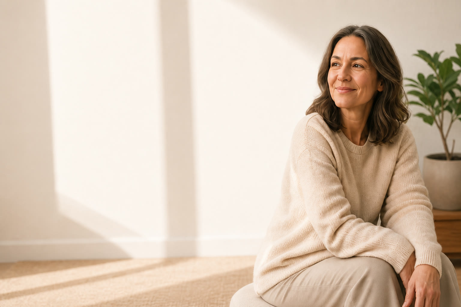 A woman in a cream sweater seated in a quiet, sunlit room