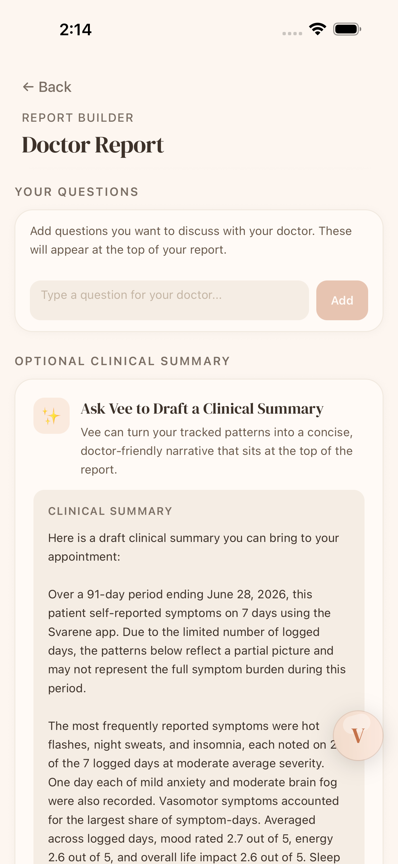 Svarene generated clinical summary ready for a clinician conversation