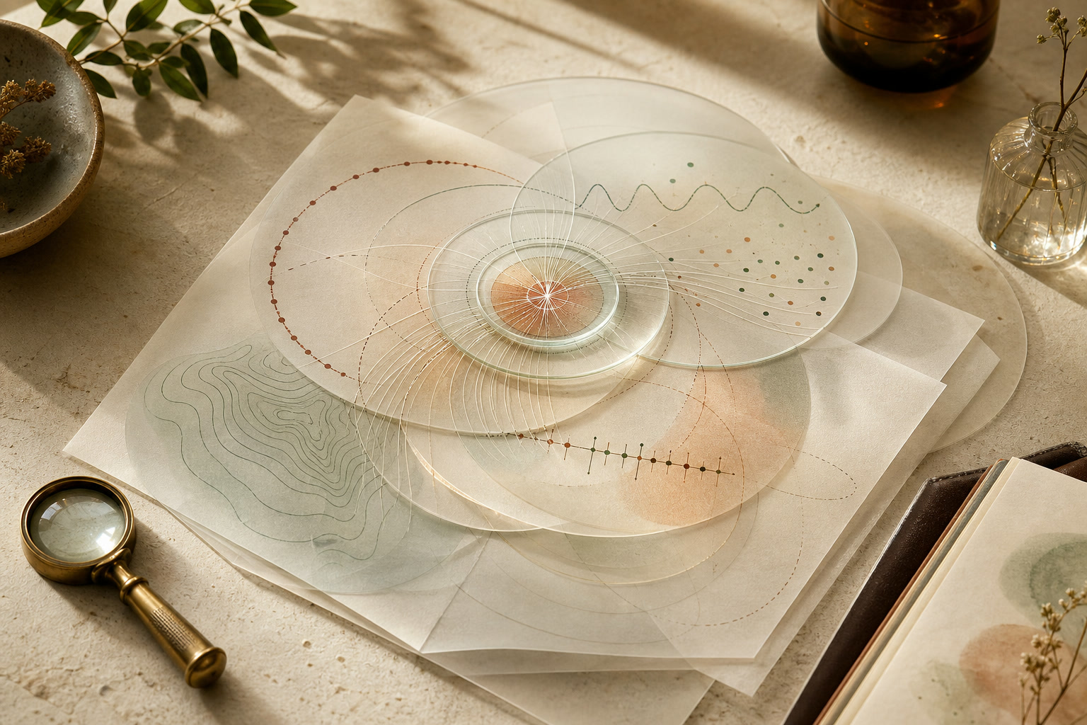 Layered vellum and glass connect cycle, sleep, symptom, treatment, and environmental observations into one central evidence pattern