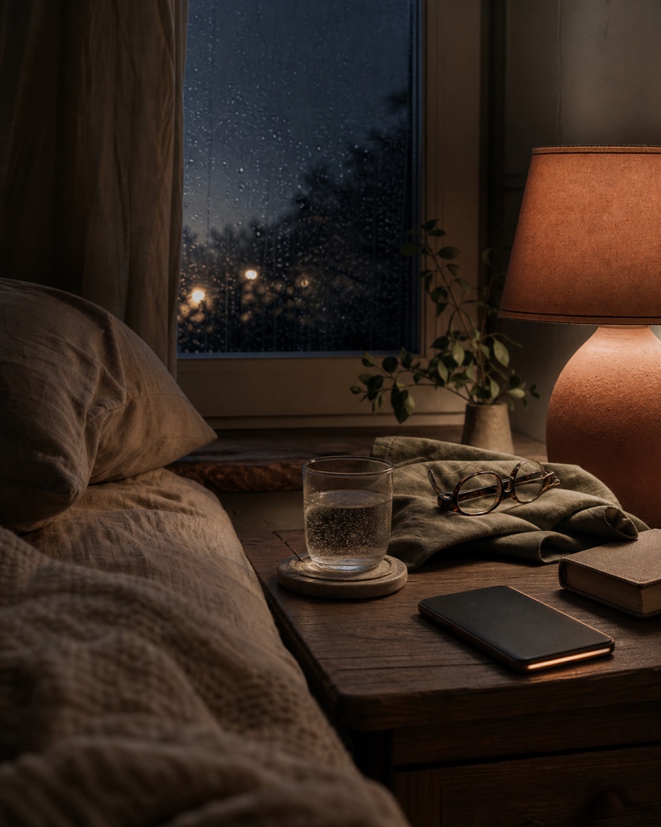 A softly lit bedside table beside a rain-streaked window at night