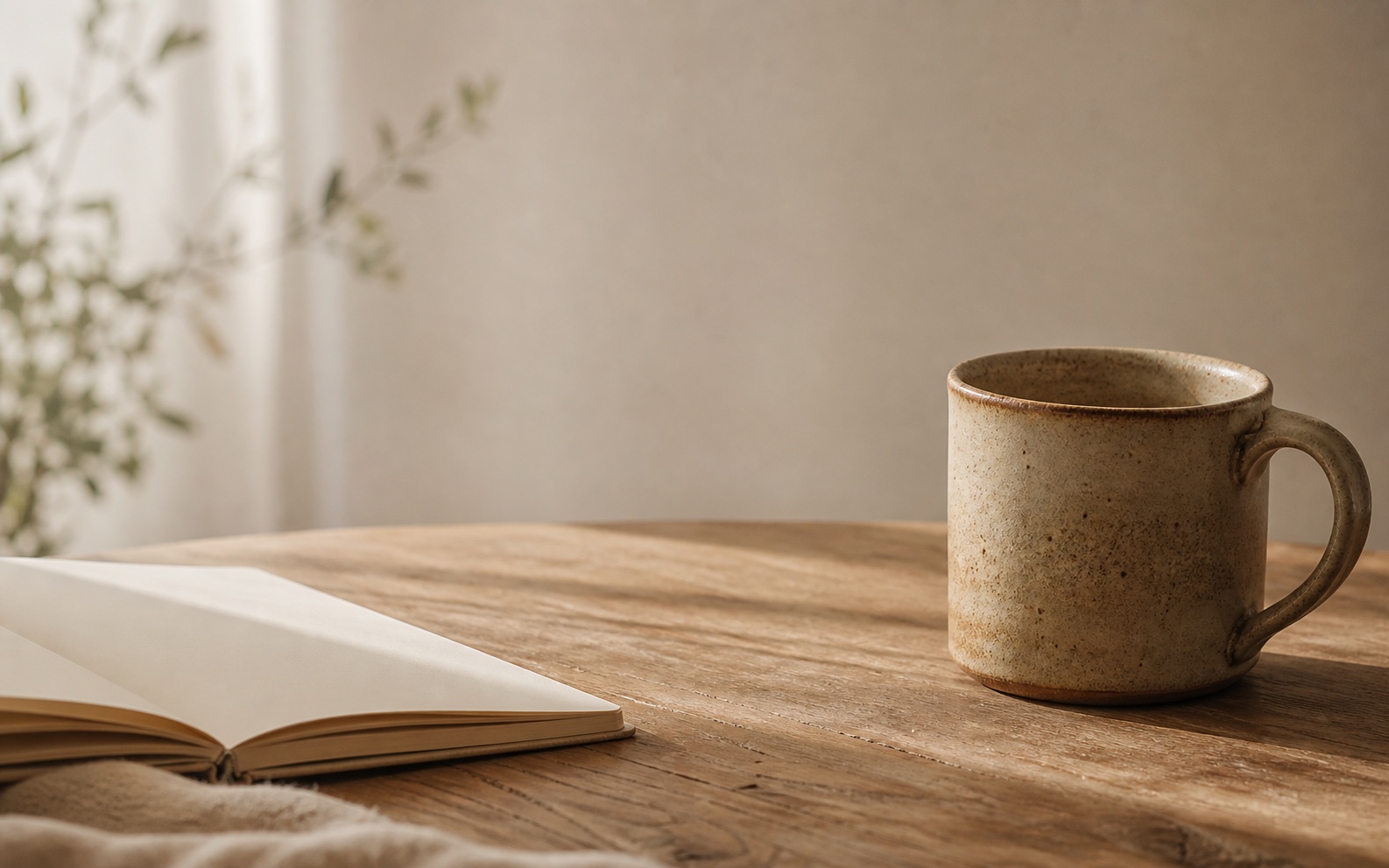 A warm bedside still life with a cup, notebook, and soft evening light