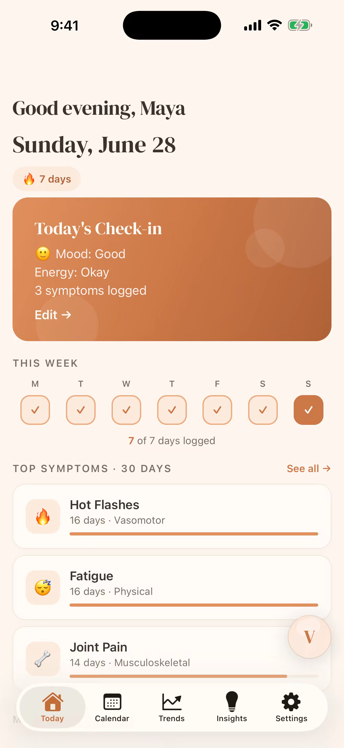 Svarene Today screen showing a daily check-in